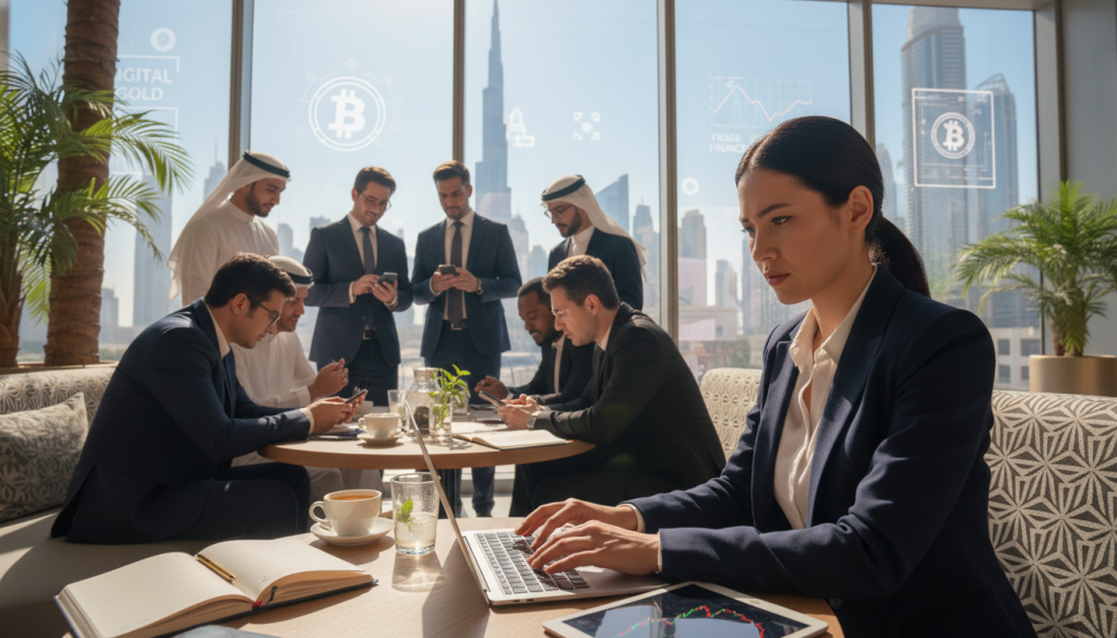 A Bustling Crypto Trading Scene In The Uae, Focusing On Diverse Individuals Engaged In P2P Trading On Their Devices. In The Foreground, A Professional Woman In Business Attire Is Reviewing Cryptocurrency Charts On Her Laptop, Displaying Concentration And Determination. The Middle Ground Features A Mixed Group Of People, Some Viewing Their Smartphones And Others Discussing Trading Strategies At A Modern Café, Surrounded By Stylish Décor. The Background Showcases The Iconic Skyline Of Dubai, With Futuristic Skyscrapers And Billboards Subtly Promoting Cryptocurrency. The Lighting Is Bright And Inviting, Simulating A Daytime Atmosphere, With Warm Colors Enhancing The Sense Of Opportunity. The Overall Mood Is Dynamic And Focused, Capturing The Essence Of Modern Financial Interaction In The Uae. A Bustling Crypto Trading Scene In The Uae, Focusing On Diverse Individuals Engaged In P2P Trading On Their Devices. In The Foreground, A Professional Woman In Business Attire Is Reviewing Cryptocurrency Charts On Her Laptop, Displaying Concentration And Determination. The Middle Ground Features A Mixed Group Of People, Some Viewing Their Smartphones And Others Discussing Trading Strategies At A Modern Café, Surrounded By Stylish Décor. The Background Showcases The Iconic Skyline Of Dubai, With Futuristic Skyscrapers And Billboards Subtly Promoting Cryptocurrency. The Lighting Is Bright And Inviting, Simulating A Daytime Atmosphere, With Warm Colors Enhancing The Sense Of Opportunity. The Overall Mood Is Dynamic And Focused, Capturing The Essence Of Modern Financial Interaction In The Uae.
