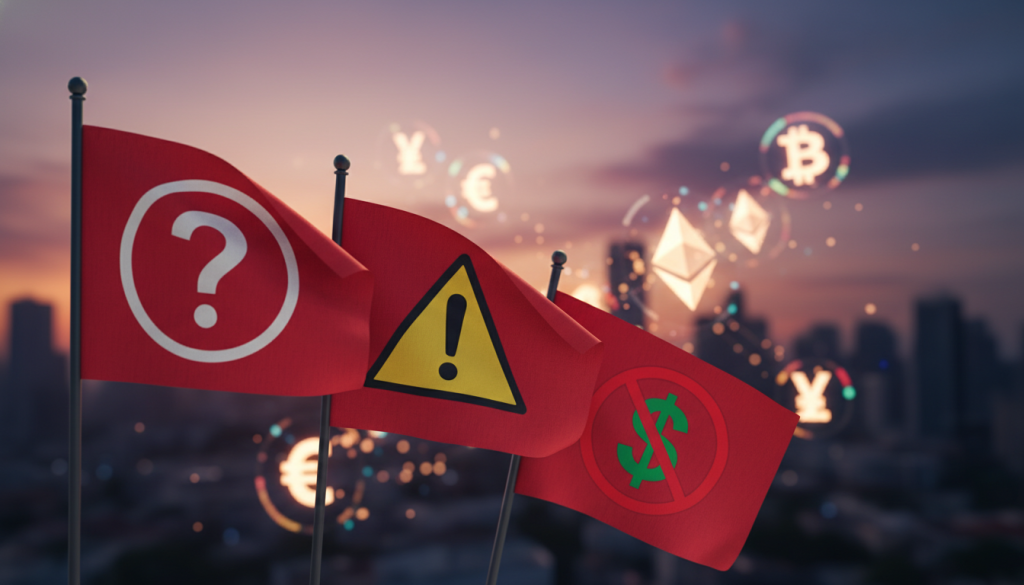 A Detailed Close-Up Of Several Vibrant Red Flags Fluttering In The Foreground, Symbolizing Warnings And Caution. Each Flag Displays Various Warning Symbols, Such As A Question Mark, An Exclamation Mark, And A Crossed-Out Dollar Sign, All In Bold Colors. In The Middle Ground, An Abstract, Blurred Representation Of Digital Currency Symbols Floats, Suggesting The Theme Of Cryptocurrency. The Background Features A Soft-Focus Image Of A City Skyline At Dusk, With Warm Orange And Purple Hues Reflecting A Transitioning Day, Creating An Uneasy Yet Engaging Atmosphere. The Overall Lighting Is Dramatic, With Shadows Emphasizing The Flags, Evoking A Sense Of Urgency And Caution. The Shot Is Taken From A Low Angle, Enhancing The Prominence Of The Flags Against The Backdrop. A Detailed Close-Up Of Several Vibrant Red Flags Fluttering In The Foreground, Symbolizing Warnings And Caution. Each Flag Displays Various Warning Symbols, Such As A Question Mark, An Exclamation Mark, And A Crossed-Out Dollar Sign, All In Bold Colors. In The Middle Ground, An Abstract, Blurred Representation Of Digital Currency Symbols Floats, Suggesting The Theme Of Cryptocurrency. The Background Features A Soft-Focus Image Of A City Skyline At Dusk, With Warm Orange And Purple Hues Reflecting A Transitioning Day, Creating An Uneasy Yet Engaging Atmosphere. The Overall Lighting Is Dramatic, With Shadows Emphasizing The Flags, Evoking A Sense Of Urgency And Caution. The Shot Is Taken From A Low Angle, Enhancing The Prominence Of The Flags Against The Backdrop.