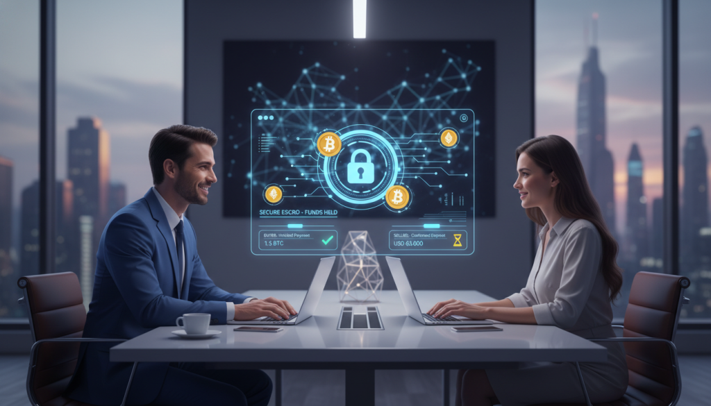 A Detailed Illustration Of A P2P Platform Escrow Process Within A Cryptocurrency Trading Context. In The Foreground, Display Two Professional Individuals, One Representing A Buyer And The Other A Seller, Engaging In A Friendly Transaction. They Are Seated At A Sleek, Modern Table With Laptops Open, Visible Transaction Interfaces Showing Crypto Symbols. In The Middle, Depict A Digital Escrow Interface On The Screens, Highlighting Secure Transactions With Animated Graphics Of Cryptocurrencies. The Background Features A High-Tech Office With Abstract Blockchain-Themed Artwork And Soft, Focused Lighting To Create A Professional Atmosphere. Use A Slightly Elevated Angle To Capture Both The Interaction And The Digital Elements Prominently. The Overall Mood Should Be One Of Trust, Security, And Collaboration In The Crypto Trading Environment. A Detailed Illustration Of A P2P Platform Escrow Process Within A Cryptocurrency Trading Context. In The Foreground, Display Two Professional Individuals, One Representing A Buyer And The Other A Seller, Engaging In A Friendly Transaction. They Are Seated At A Sleek, Modern Table With Laptops Open, Visible Transaction Interfaces Showing Crypto Symbols. In The Middle, Depict A Digital Escrow Interface On The Screens, Highlighting Secure Transactions With Animated Graphics Of Cryptocurrencies. The Background Features A High-Tech Office With Abstract Blockchain-Themed Artwork And Soft, Focused Lighting To Create A Professional Atmosphere. Use A Slightly Elevated Angle To Capture Both The Interaction And The Digital Elements Prominently. The Overall Mood Should Be One Of Trust, Security, And Collaboration In The Crypto Trading Environment.