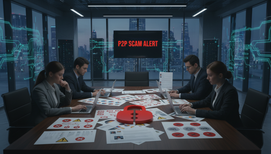 A Digital Representation Of Common P2P Crypto Scams In A Professional Context. In The Foreground, Depict A Diverse Group Of Individuals In Business Attire, Analyzing Various Scams On Laptops And Mobile Devices. Their Faces Show Concentration And Concern. In The Middle Ground, Illustrate A Large Table With Papers Littered With Cautionary Symbols And Charts Diagramming Scam Methods, Such As Fake Accounts And Phishing Tactics. The Background Should Feature A Modern Office Setting With Large Windows And Technology-Related Artwork, Symbolizing The Digital World. Soft, Ambient Lighting Casts A Serious Yet Alert Atmosphere, With Shadows Suggesting The Lurking Dangers Of These Scams. The Overall Tone Is One Of Awareness And Vigilance. A Digital Representation Of Common P2P Crypto Scams In A Professional Context. In The Foreground, Depict A Diverse Group Of Individuals In Business Attire, Analyzing Various Scams On Laptops And Mobile Devices. Their Faces Show Concentration And Concern. In The Middle Ground, Illustrate A Large Table With Papers Littered With Cautionary Symbols And Charts Diagramming Scam Methods, Such As Fake Accounts And Phishing Tactics. The Background Should Feature A Modern Office Setting With Large Windows And Technology-Related Artwork, Symbolizing The Digital World. Soft, Ambient Lighting Casts A Serious Yet Alert Atmosphere, With Shadows Suggesting The Lurking Dangers Of These Scams. The Overall Tone Is One Of Awareness And Vigilance.