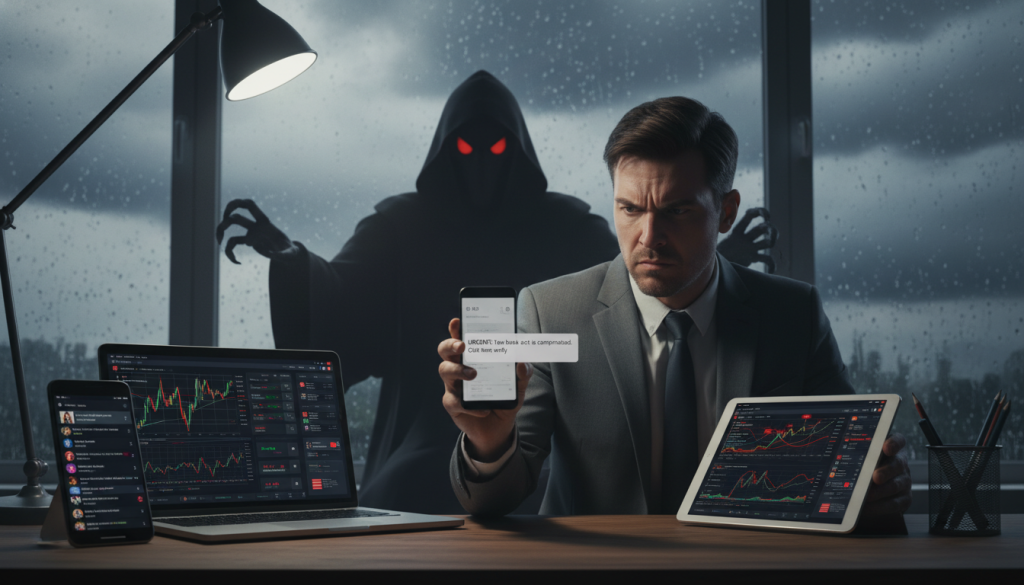 A Dimly Lit Room With A Desk Cluttered With Various Electronic Devices: A Smartphone Displaying Social Media Feeds, A Laptop Showing Crypto Trading Platforms, And A Tablet With Alert Notifications. In The Foreground, A Concerned Individual In Professional Business Attire Examines A Deceptive Message On Their Phone, With Furrowed Brows And A Frown. The Middle Ground Displays A Ghostly Silhouette Of A Scamming Figure Looming Behind The Devices, Shrouded In Shadow And Hinting At Malevolence. The Background Features A Blurred Out Window With Dark Clouds, Suggesting A Stormy Atmosphere, Reinforcing The Mood Of Caution And Deception. Soft Overhead Lighting Casts Sharp Shadows, Adding To The Sense Of Unease And Urgency, As If One Is On The Brink Of Uncovering A Scam. A Dimly Lit Room With A Desk Cluttered With Various Electronic Devices: A Smartphone Displaying Social Media Feeds, A Laptop Showing Crypto Trading Platforms, And A Tablet With Alert Notifications. In The Foreground, A Concerned Individual In Professional Business Attire Examines A Deceptive Message On Their Phone, With Furrowed Brows And A Frown. The Middle Ground Displays A Ghostly Silhouette Of A Scamming Figure Looming Behind The Devices, Shrouded In Shadow And Hinting At Malevolence. The Background Features A Blurred Out Window With Dark Clouds, Suggesting A Stormy Atmosphere, Reinforcing The Mood Of Caution And Deception. Soft Overhead Lighting Casts Sharp Shadows, Adding To The Sense Of Unease And Urgency, As If One Is On The Brink Of Uncovering A Scam.