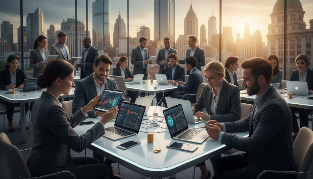 A Dynamic Peer Marketplace Scene Featuring Diverse Buyers And Sellers Engaging In Crypto P2P Trading. In The Foreground, A Professional Woman In Business Attire Examines Her Digital Device, Showing Interest In A Transaction, While A Man In Smart Casual Wear Reviews A Similar Device Beside Her. The Middle Ground Displays A Variety Of Individuals From Different Backgrounds Interacting Around Modern, Sleek Tables Covered With Digital Tablets And Laptops, Emphasizing Collaboration And Innovation. In The Background, A Vibrant Cityscape Bathed In Soft, Warm Lighting Conveys A Sense Of Energy And Opportunity. Use A Wide-Angle Lens To Capture The Bustling Atmosphere, With An Emphasis On The Engaging Interactions Among Participants. Overall, The Mood Is Focused, Professional, And Optimistic, Highlighting The Importance Of Connection In Today’s Crypto Market.