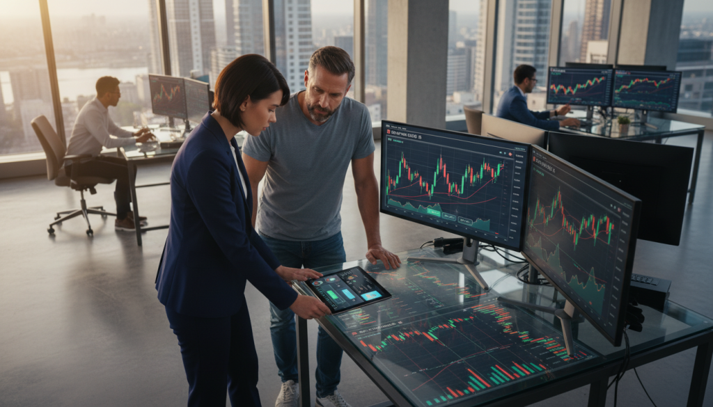A Dynamic Scene Depicting A Modern P2P Crypto Trading Environment In An Urban Setting. In The Foreground, Two Diverse Individuals, One Representing A Young Woman In Professional Business Attire And The Other A Middle-Aged Man In Modest Casual Clothing, Are Engaged In A Lively Negotiation Over A Digital Device, Their Expressions Focused And Intent. In The Middle Ground, An Array Of Screens Showcasing Crypto Market Data, Graphs, And Trade Notifications Reflects The Fast-Paced Nature Of Trading. The Background Features A Sleek, Contemporary Office With Large Windows, Allowing Soft, Warm Natural Light To Flood The Space. This Atmosphere Conveys Both Collaboration And Urgency, Highlighting The Contemporary Feel Of Crypto Trading Today. The Composition Should Be Shot From A Slightly Elevated Angle To Showcase The Interaction And Surrounding Technology. A Dynamic Scene Depicting A Modern P2P Crypto Trading Environment In An Urban Setting. In The Foreground, Two Diverse Individuals, One Representing A Young Woman In Professional Business Attire And The Other A Middle-Aged Man In Modest Casual Clothing, Are Engaged In A Lively Negotiation Over A Digital Device, Their Expressions Focused And Intent. In The Middle Ground, An Array Of Screens Showcasing Crypto Market Data, Graphs, And Trade Notifications Reflects The Fast-Paced Nature Of Trading. The Background Features A Sleek, Contemporary Office With Large Windows, Allowing Soft, Warm Natural Light To Flood The Space. This Atmosphere Conveys Both Collaboration And Urgency, Highlighting The Contemporary Feel Of Crypto Trading Today. The Composition Should Be Shot From A Slightly Elevated Angle To Showcase The Interaction And Surrounding Technology.
