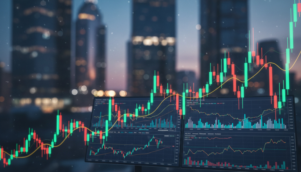 A Dynamic Scene Depicting Cryptocurrency Trading Price Movements, With Vibrant Candlestick Charts In The Foreground, Showcasing Fluctuating Prices In Green And Red Tones. In The Middle, A Digital Trading Platform Interface Is Visible With Graphs And Indicators, Symbolizing Real-Time Data Analysis. The Background Features A City Skyline Illuminated At Dusk, Conveying A Sense Of Financial Vitality And Innovation. Use High-Contrast Lighting To Emphasize The Charts, With A Subtle Bokeh Effect Blurring The Distant Buildings. The Overall Mood Is Energetic And Professional, Reflecting The Fast-Paced Nature Of Crypto Trading, While Maintaining Clarity And Focus On The Trading Elements. No People Are Included In The Scene, Ensuring A Clean, Modern Look. A Dynamic Scene Depicting Cryptocurrency Trading Price Movements, With Vibrant Candlestick Charts In The Foreground, Showcasing Fluctuating Prices In Green And Red Tones. In The Middle, A Digital Trading Platform Interface Is Visible With Graphs And Indicators, Symbolizing Real-Time Data Analysis. The Background Features A City Skyline Illuminated At Dusk, Conveying A Sense Of Financial Vitality And Innovation. Use High-Contrast Lighting To Emphasize The Charts, With A Subtle Bokeh Effect Blurring The Distant Buildings. The Overall Mood Is Energetic And Professional, Reflecting The Fast-Paced Nature Of Crypto Trading, While Maintaining Clarity And Focus On The Trading Elements. No People Are Included In The Scene, Ensuring A Clean, Modern Look.
