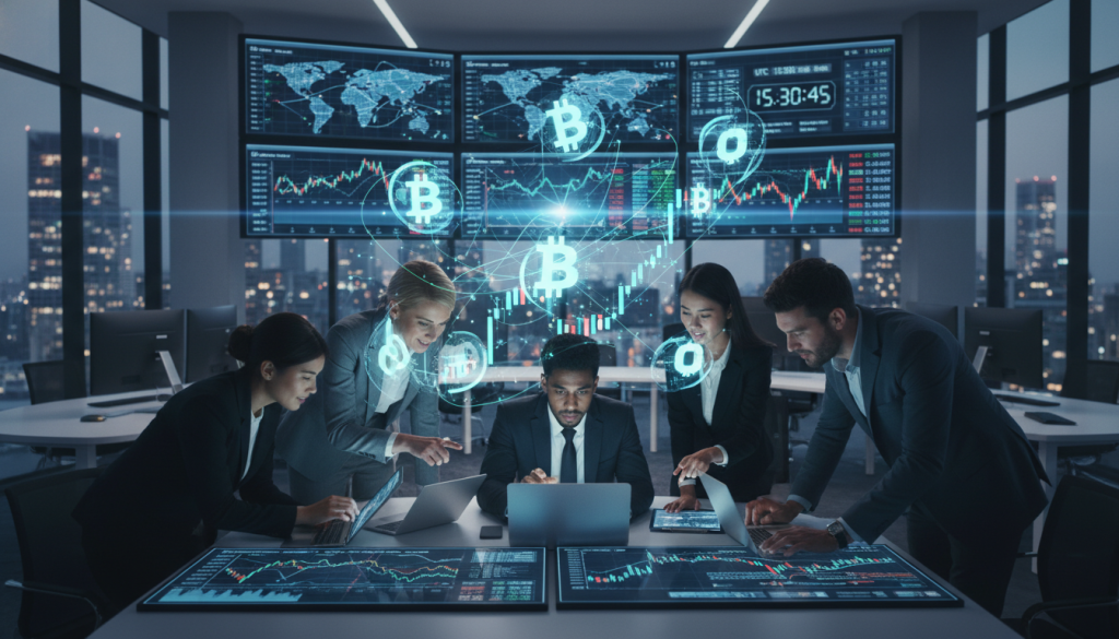 A Dynamic Scene Illustrating The Crypto P2P Trading Market. In The Foreground, A Group Of Diverse Professionals In Business Attire Are Engaged In Intense Discussions Around Digital Devices Displaying Crypto Charts And Price Movements. The Middle Ground Features Holographic Visuals Of Cryptocurrency Symbols And Trading Graphs, Symbolizing Liquidity And Market Dynamics. The Background Shows A Bustling Modern Office Environment With Screens Displaying Real-Time Market Data And A Digital Clock Ticking In Time With Global Markets. Soft, Focused Lighting Highlights The Professionals' Expressions, Conveying Urgency And Excitement, While A Slightly Blurred City Skyline Can Be Seen Through Large Windows, Symbolizing The Global Nature Of Crypto Trading. The Mood Is Energetic And Innovative, Capturing The Fast-Paced World Of Cryptocurrency Trading. A Dynamic Scene Illustrating The Crypto P2P Trading Market. In The Foreground, A Group Of Diverse Professionals In Business Attire Are Engaged In Intense Discussions Around Digital Devices Displaying Crypto Charts And Price Movements. The Middle Ground Features Holographic Visuals Of Cryptocurrency Symbols And Trading Graphs, Symbolizing Liquidity And Market Dynamics. The Background Shows A Bustling Modern Office Environment With Screens Displaying Real-Time Market Data And A Digital Clock Ticking In Time With Global Markets. Soft, Focused Lighting Highlights The Professionals' Expressions, Conveying Urgency And Excitement, While A Slightly Blurred City Skyline Can Be Seen Through Large Windows, Symbolizing The Global Nature Of Crypto Trading. The Mood Is Energetic And Innovative, Capturing The Fast-Paced World Of Cryptocurrency Trading.