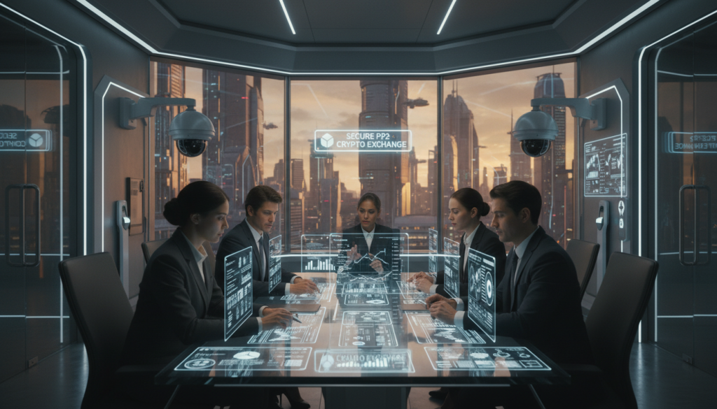 A Futuristic Office Environment Showcasing Advanced Security Measures In The Context Of Crypto P2P Trading. In The Foreground, A Diverse Group Of Professionals In Business Attire Is Gathered Around A High-Tech Conference Table, Analyzing Data On Sleek Digital Displays. The Middle Ground Features Surveillance Cameras And Biometric Scanners, Emphasizing Security Compliance. In The Background, Large Windows Reveal A Cityscape, Bathed In Warm Ambient Lighting To Create A Sense Of Innovation And Trust. The Overall Atmosphere Is Focused And Professional, Highlighting The Importance Of Safety And Compliance In The Dynamic World Of Cryptocurrency Trading. A Wide Shot, Captured With A 35Mm Lens, Enhances The Depth Of The Scene, Drawing Viewers Into The Crucial Conversation About Security In The P2P Landscape. A Futuristic Office Environment Showcasing Advanced Security Measures In The Context Of Crypto P2P Trading. In The Foreground, A Diverse Group Of Professionals In Business Attire Is Gathered Around A High-Tech Conference Table, Analyzing Data On Sleek Digital Displays. The Middle Ground Features Surveillance Cameras And Biometric Scanners, Emphasizing Security Compliance. In The Background, Large Windows Reveal A Cityscape, Bathed In Warm Ambient Lighting To Create A Sense Of Innovation And Trust. The Overall Atmosphere Is Focused And Professional, Highlighting The Importance Of Safety And Compliance In The Dynamic World Of Cryptocurrency Trading. A Wide Shot, Captured With A 35Mm Lens, Enhances The Depth Of The Scene, Drawing Viewers Into The Crucial Conversation About Security In The P2P Landscape.