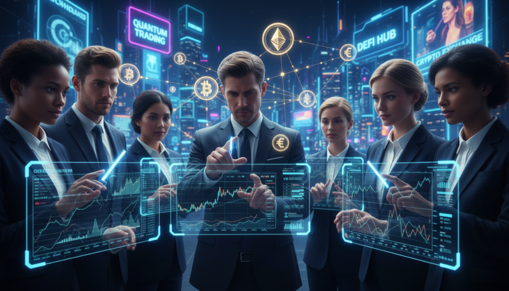 A Futuristic Peer-To-Peer (P2P) Cryptocurrency Marketplace Scene Set In 2025, Showcasing Digital Transactions. In The Foreground, A Diverse Group Of Professionals In Business Attire Gather Around Sleek, Transparent Touch-Screen Interfaces Displaying Crypto Graphs And Order Matching Algorithms. The Middle Layer Features Digital Currency Symbols Floating In The Air, Symbolizing The Transactions Taking Place, With Glowing Connections Visually Representing The Network Of Users. The Background Displays A Modern City Skyline With Neon Lights And Digital Billboards Advertising Cryptocurrency Services. The Lighting Is Bright And Dynamic, Suggesting An Innovative And Thriving Environment. The Atmosphere Is Collaborative And Energetic, Evoking A Sense Of Progress And Accessibility In Cryptocurrency Trading. A Futuristic Peer-To-Peer (P2P) Cryptocurrency Marketplace Scene Set In 2025, Showcasing Digital Transactions. In The Foreground, A Diverse Group Of Professionals In Business Attire Gather Around Sleek, Transparent Touch-Screen Interfaces Displaying Crypto Graphs And Order Matching Algorithms. The Middle Layer Features Digital Currency Symbols Floating In The Air, Symbolizing The Transactions Taking Place, With Glowing Connections Visually Representing The Network Of Users. The Background Displays A Modern City Skyline With Neon Lights And Digital Billboards Advertising Cryptocurrency Services. The Lighting Is Bright And Dynamic, Suggesting An Innovative And Thriving Environment. The Atmosphere Is Collaborative And Energetic, Evoking A Sense Of Progress And Accessibility In Cryptocurrency Trading.