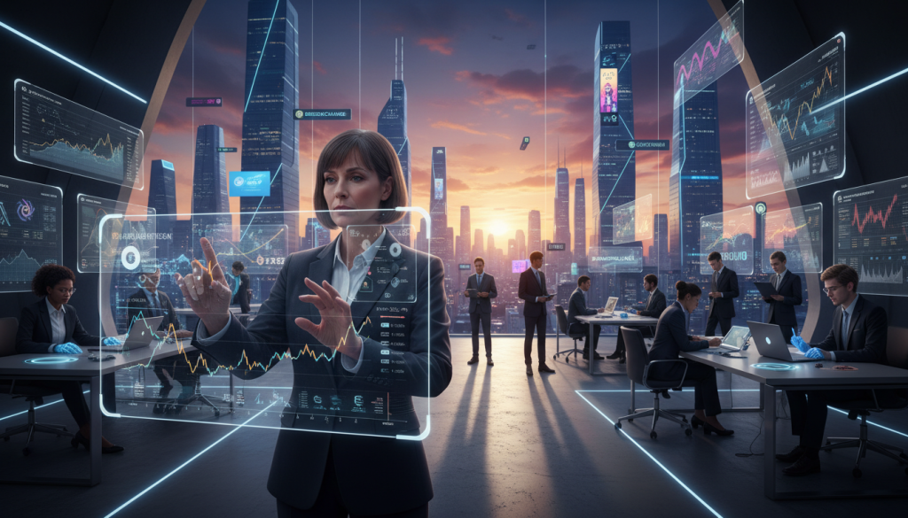 A Futuristic Peer-To-Peer Marketplace Platform Scene Set In 2026, With A Diverse Group Of People Engaging In Digital Trading On A Sleek, High-Tech Interface. In The Foreground, A Middle-Aged Woman In Professional Attire Interacts With Her Holographic Display, Showing International Cryptocurrencies Pricing Graphs. The Middle Ground Features A Modern, Minimalist Workspace With Holographic Screens And Futuristic Gadgets, Bringing A Sense Of Innovation And Collaboration. The Background Reveals A City Skyline With Floating Digital Advertisements And A Sunset Creating Dynamic Lighting. The Atmosphere Is Energetic Yet Focused, Emphasizing The Importance Of Crypto P2P Trading In A Globalized Economy. Use A Wide-Angle Perspective To Capture The Vibrancy And Detail Of This Cutting-Edge Marketplace. A Futuristic Peer-To-Peer Marketplace Platform Scene Set In 2026, With A Diverse Group Of People Engaging In Digital Trading On A Sleek, High-Tech Interface. In The Foreground, A Middle-Aged Woman In Professional Attire Interacts With Her Holographic Display, Showing International Cryptocurrencies Pricing Graphs. The Middle Ground Features A Modern, Minimalist Workspace With Holographic Screens And Futuristic Gadgets, Bringing A Sense Of Innovation And Collaboration. The Background Reveals A City Skyline With Floating Digital Advertisements And A Sunset Creating Dynamic Lighting. The Atmosphere Is Energetic Yet Focused, Emphasizing The Importance Of Crypto P2P Trading In A Globalized Economy. Use A Wide-Angle Perspective To Capture The Vibrancy And Detail Of This Cutting-Edge Marketplace.