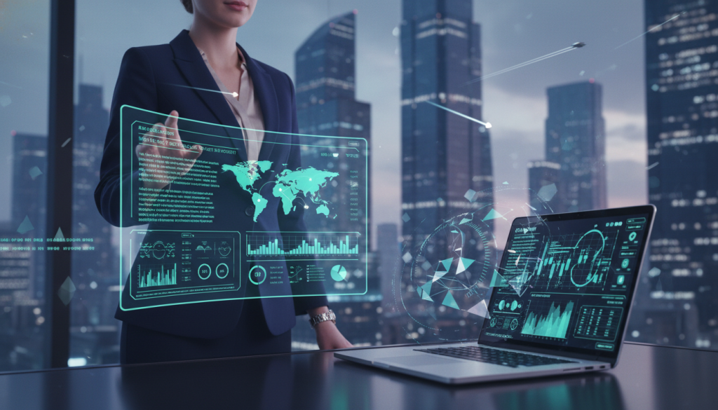 A Modern P2P Trading Platform Security Interface, Foreground Featuring A Confident Professional Woman In Business Attire, Reviewing Transaction Data On A Transparent Digital Screen. In The Middle Ground, A Sleek Laptop Displays Real-Time Analytics And Security Metrics, Accentuated By Abstract Data Visuals. The Background Showcases A Futuristic City Skyline At Dusk, Illuminated By Soft Blue And Purple Lights, Creating A Sense Of High-Tech Professionalism. The Atmosphere Is Reassuring And Safe, Emphasizing Trust And Security In Digital Transactions. Use Soft, Diffused Lighting To Enhance Clarity And Focus On The Subject, Captured From A Slightly Elevated Angle To Provide Depth And Perspective.