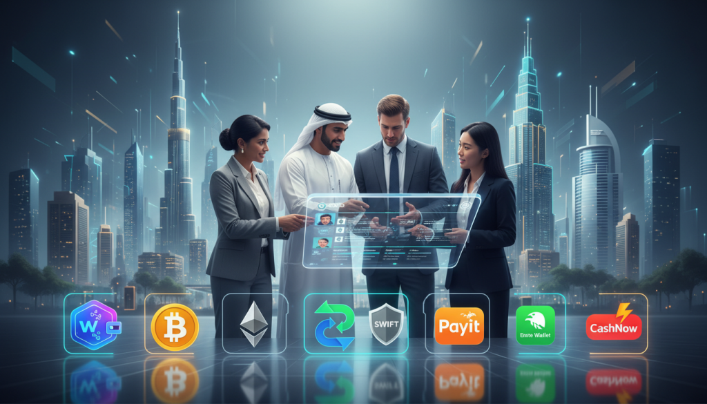 A Modern Digital Illustration Showcasing Various Payment Methods For P2P Trading In The Uae. In The Foreground, Display A Selection Of Recognizable Payment Methods Such As Cryptocurrency Wallets, Bank Transfer Icons, And E-Wallet Logos, Clearly Depicted With Vibrant Colors And Intricate Details. In The Middle Ground, Include A Diverse Group Of Professionals Engaged In Discussion Over A Digital Device, Dressed In Smart Business Attire, Representing A Mix Of Cultures. The Background Features A Stylized Urban Skyline Of A Uae City, Capturing The Essence Of Financial Innovation. Soft, Ambient Lighting Highlights The Scene, Creating A Collaborative And Optimistic Atmosphere. Use A Wide-Angle Perspective To Capture The Full Scope Of The Environment, Ensuring A Clean And Polished Appearance. A Modern Digital Illustration Showcasing Various Payment Methods For P2P Trading In The Uae. In The Foreground, Display A Selection Of Recognizable Payment Methods Such As Cryptocurrency Wallets, Bank Transfer Icons, And E-Wallet Logos, Clearly Depicted With Vibrant Colors And Intricate Details. In The Middle Ground, Include A Diverse Group Of Professionals Engaged In Discussion Over A Digital Device, Dressed In Smart Business Attire, Representing A Mix Of Cultures. The Background Features A Stylized Urban Skyline Of A Uae City, Capturing The Essence Of Financial Innovation. Soft, Ambient Lighting Highlights The Scene, Creating A Collaborative And Optimistic Atmosphere. Use A Wide-Angle Perspective To Capture The Full Scope Of The Environment, Ensuring A Clean And Polished Appearance.