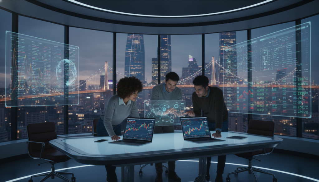 A Modern, Digital-Themed Image Of A P2P Cryptocurrency Trading Platform, Showcasing A Diverse Group Of Three Professionals In Modest Casual Clothing Deeply Engaged In Trading On Their Laptops, Set In A Sleek, Futuristic Office With Large Screens Displaying Live Crypto Data. The Foreground Features A Laptop With Vibrant Charts And Graphs, While The Middle Ground Showcases The Professionals Collaborating Over Digital Devices, Expressing Focus And Enthusiasm. In The Background, Panoramic Windows Reveal A Dynamic Cityscape Bathed In Soft, Ambient Lighting, Symbolizing Global Connectivity. The Mood Is Energetic Yet Professional, Conveying Innovation In The World Of Cryptocurrency Trading, Captured From A Slightly Elevated Angle To Emphasize The Workspace'S Modernity And Scale.
