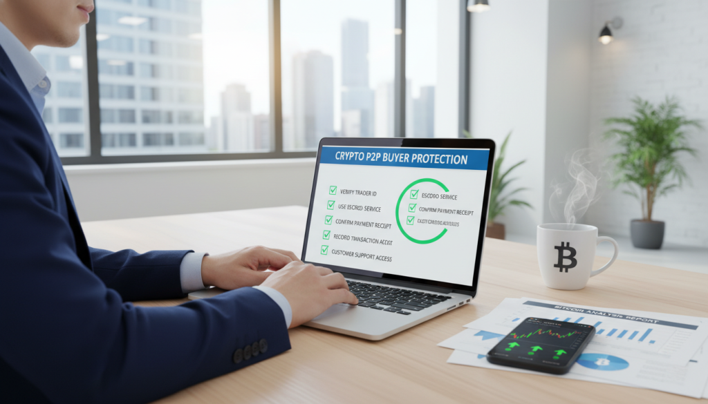 A Professional Individual In Business Attire Is Sitting At A Desk In A Modern Office Environment, Reviewing A Digital Checklist For Crypto P2P Trading Buyer Protection On A Laptop. The Foreground Features The Laptop Screen Displaying Visual Indicators Of Safety Steps, Such As Lock Icons And Checkmarks. In The Middle Ground, There Is A Neatly Organized Desk With Crypto-Related Documents, A Smartphone With Market Insights, And A Cup Of Coffee. The Background Showcases A Bright Workspace With A Large Window Letting In Natural Light, Creating An Atmosphere Of Focus And Security. The Overall Mood Is One Of Confidence And Diligence, Emphasizing The Importance Of Safety In Cryptocurrency Transactions. A Professional Individual In Business Attire Is Sitting At A Desk In A Modern Office Environment, Reviewing A Digital Checklist For Crypto P2P Trading Buyer Protection On A Laptop. The Foreground Features The Laptop Screen Displaying Visual Indicators Of Safety Steps, Such As Lock Icons And Checkmarks. In The Middle Ground, There Is A Neatly Organized Desk With Crypto-Related Documents, A Smartphone With Market Insights, And A Cup Of Coffee. The Background Showcases A Bright Workspace With A Large Window Letting In Natural Light, Creating An Atmosphere Of Focus And Security. The Overall Mood Is One Of Confidence And Diligence, Emphasizing The Importance Of Safety In Cryptocurrency Transactions.