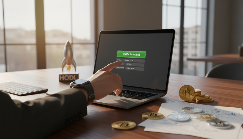 A Professional-Looking Workspace Featuring A Laptop Displaying A Digital Payment Verification Interface. In The Foreground, A Hand Poised To Click The &Quot;Verify Payment&Quot; Button, Wearing A Smart Business Watch. The Middle Ground Includes A Sleek, Modern Desk With Cryptocurrency-Themed Items Such As Coins And Documents, Emphasizing A Crypto Trading Environment. The Background Shows A Blurred Office Setting With Soft, Natural Daylight Streaming In Through Large Windows, Creating A Warm And Inviting Atmosphere. The Overall Mood Conveys Focus And Professionalism, Highlighting The Importance Of Securing Financial Transactions In Crypto P2P Trading. The Composition Should Be Sharp And Well-Lit, With A Slight Depth Of Field To Emphasize The Foreground Action.