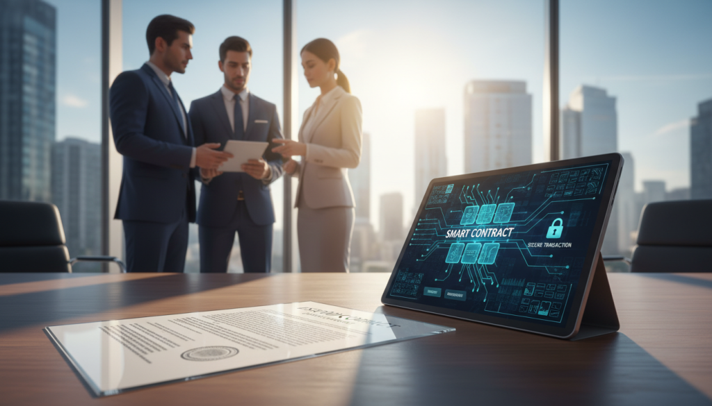 A Professional Office Setting Featuring A Sleek, Transparent Escrow Contract Sitting Prominently On A Wooden Desk In The Foreground. A Digital Device Displays A Smart Contract Interface With Blockchain Graphics, Symbolizing Security And Trust. In The Middle Ground, Diverse Business Professionals—Two Men And One Woman—Are Engaged In A Conversation, All Dressed In Smart Business Attire, Radiating Focus And Confidence. In The Background, Large Windows Reveal A Cityscape Bathed In Soft Natural Daylight, Adding An Optimistic Atmosphere To The Scene. The Overall Mood Is One Of Trust And Professionalism, Highlighted By Warm Lighting That Creates A Welcoming Environment, Emphasizing The Importance Of Escrow In P2P Trading. Opt For A Shallow Depth Of Field To Bring The Foreground Elements Into Sharp Focus While Softly Blurring The Background Details. A Professional Office Setting Featuring A Sleek, Transparent Escrow Contract Sitting Prominently On A Wooden Desk In The Foreground. A Digital Device Displays A Smart Contract Interface With Blockchain Graphics, Symbolizing Security And Trust. In The Middle Ground, Diverse Business Professionals—Two Men And One Woman—Are Engaged In A Conversation, All Dressed In Smart Business Attire, Radiating Focus And Confidence. In The Background, Large Windows Reveal A Cityscape Bathed In Soft Natural Daylight, Adding An Optimistic Atmosphere To The Scene. The Overall Mood Is One Of Trust And Professionalism, Highlighted By Warm Lighting That Creates A Welcoming Environment, Emphasizing The Importance Of Escrow In P2P Trading. Opt For A Shallow Depth Of Field To Bring The Foreground Elements Into Sharp Focus While Softly Blurring The Background Details.