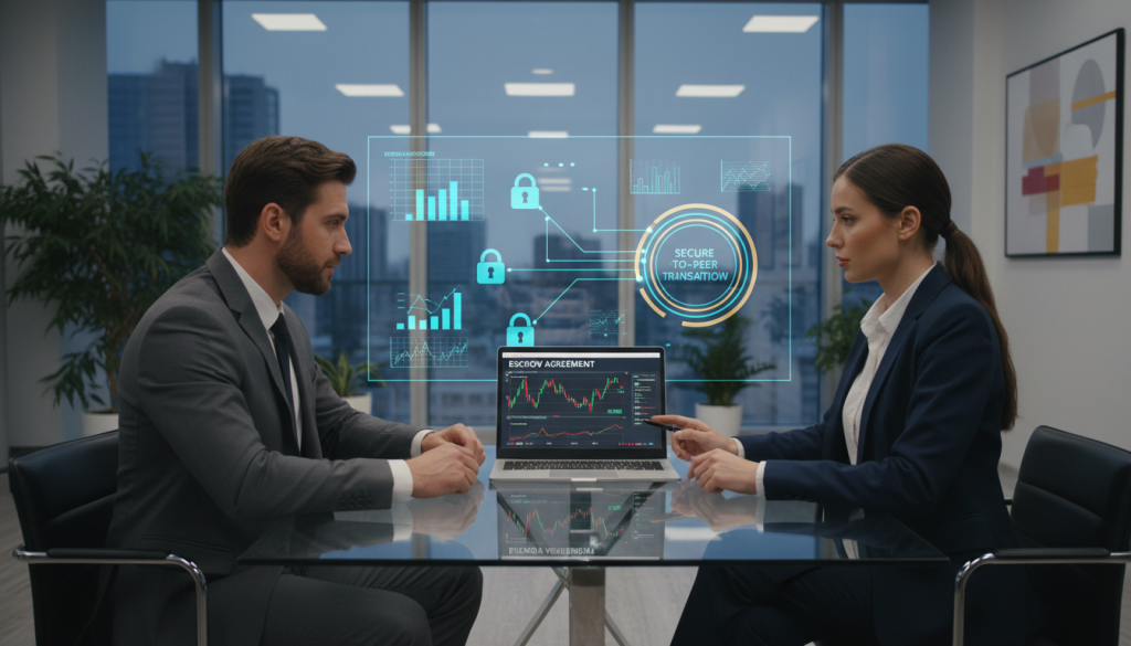 A Secure And Professional P2P Trading Escrow Scene, Featuring Two Individuals In Smart Business Attire Engaging In A Digital Transaction. In The Foreground, The Individuals, A Man And A Woman, Are Seated At A Sleek, Modern Desk, With A Laptop Open Displaying Cryptocurrency Exchange Graphics. In The Middle Ground, A Digital Screen Illustrates The Verification Process With Vibrant Charts And Security Icons, Creating A Sense Of Technological Precision. The Background Features A Stylish Office Environment With Soft Lighting, Giving A Calm Yet Focused Atmosphere. A Sense Of Trust And Professionalism Permeates The Scene, Captured From A Slightly Elevated Angle To Emphasize The Dynamic Interaction And Secure Environment Of P2P Trading. A Secure And Professional P2P Trading Escrow Scene, Featuring Two Individuals In Smart Business Attire Engaging In A Digital Transaction. In The Foreground, The Individuals, A Man And A Woman, Are Seated At A Sleek, Modern Desk, With A Laptop Open Displaying Cryptocurrency Exchange Graphics. In The Middle Ground, A Digital Screen Illustrates The Verification Process With Vibrant Charts And Security Icons, Creating A Sense Of Technological Precision. The Background Features A Stylish Office Environment With Soft Lighting, Giving A Calm Yet Focused Atmosphere. A Sense Of Trust And Professionalism Permeates The Scene, Captured From A Slightly Elevated Angle To Emphasize The Dynamic Interaction And Secure Environment Of P2P Trading.