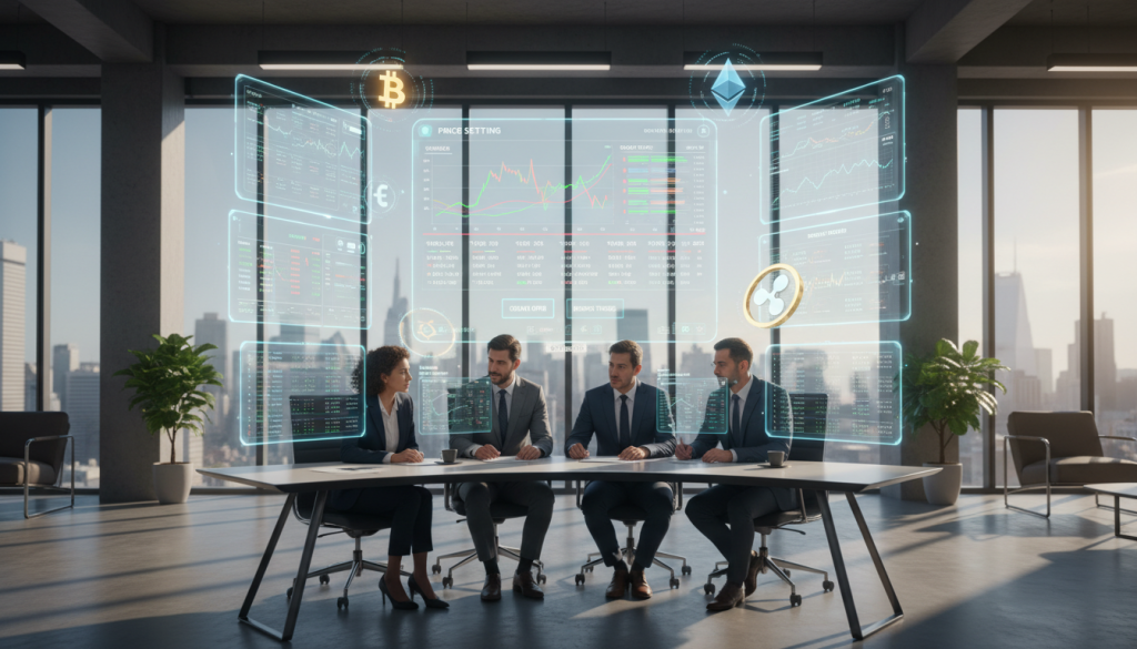 A Sophisticated Digital Workspace Scene Depicting A Peer-To-Peer (P2P) Marketplace Platform For Cryptocurrency Trading. In The Foreground, A Diverse Group Of Professionals In Business Attire Analyzes Multiple Screens Showing Fluctuating Cryptocurrency Prices, Transaction Volumes, And User Profiles. In The Middle Ground, A Transparent Interface Displays User-Friendly Charts And Graphs, Emphasizing The Price Setting Process, Surrounded By Holographic Elements Illustrating Cryptocurrency Symbols. The Background Features A Modern Office Environment With Large Windows Showing A Cityscape, Bathed In Natural Light, Creating An Inviting And Professional Atmosphere. The Image Should Have A Clean, High-Tech Aesthetic, Captured From A Slight Low Angle To Enhance The Depth Of The Scene, Promoting A Sense Of Innovation And Collaboration In Digital Trading.