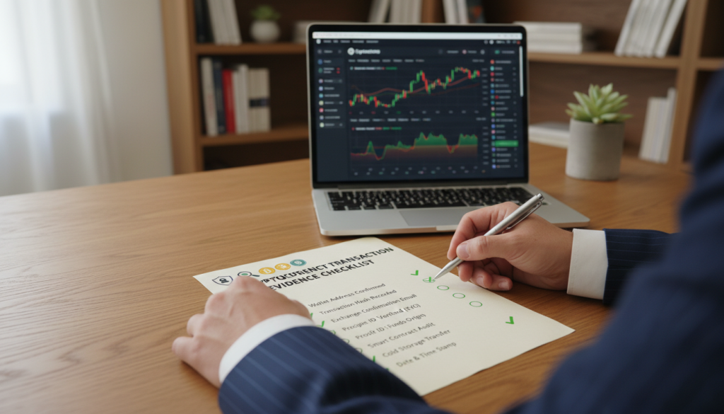 A Well-Organized Transactions Evidence Checklist Displayed Prominently On A Wooden Desk, With A Laptop Open To A Crypto Trading Platform In The Background. The Checklist, Featuring Clear Bullet Points And Symbols For Verification Ticks, Is Adorned With Icons Representing Security, Verification, And Trading Currencies. Soft, Natural Lighting Filters Through A Nearby Window, Casting A Warm Glow On The Desk Surface, Creating A Calm And Professional Atmosphere. A Pair Of Hands, Dressed In Professional Business Attire, Holds A Pen Poised To Check Off Items On The List. The Background Showcases Bookshelves Filled With Financial Books And A Potted Plant, Reinforcing A Sophisticated Setting Focused On Safe Trading Practices. A Well-Organized Transactions Evidence Checklist Displayed Prominently On A Wooden Desk, With A Laptop Open To A Crypto Trading Platform In The Background. The Checklist, Featuring Clear Bullet Points And Symbols For Verification Ticks, Is Adorned With Icons Representing Security, Verification, And Trading Currencies. Soft, Natural Lighting Filters Through A Nearby Window, Casting A Warm Glow On The Desk Surface, Creating A Calm And Professional Atmosphere. A Pair Of Hands, Dressed In Professional Business Attire, Holds A Pen Poised To Check Off Items On The List. The Background Showcases Bookshelves Filled With Financial Books And A Potted Plant, Reinforcing A Sophisticated Setting Focused On Safe Trading Practices.