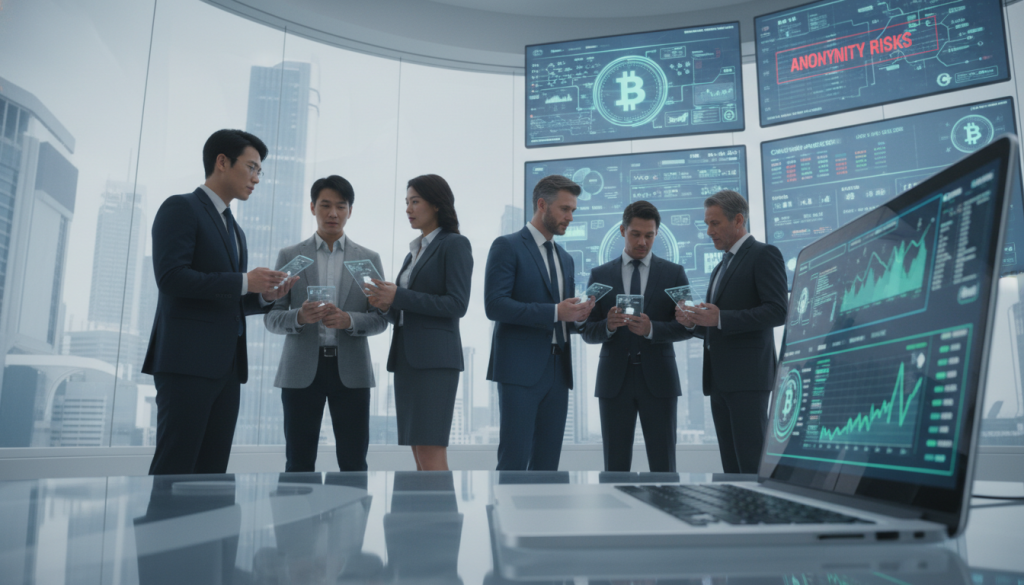 A Futuristic Digital Marketplace Scene Showcasing Various Crypto P2P Trading Platforms. In The Foreground, A Sleek, Modern Laptop With Charts And Transactions On The Screen, Reflecting The Hustle Of Trading Activity. In The Middle Ground, Diverse Business Professionals Of Different Ethnicities And Genders Engage In Discussions, Dressed In Smart Business Attire, Thoughtfully Analyzing Data On Tablets And Smartphones. In The Background, Large Digital Screens Display Vibrant Crypto Symbols And Statistics Against A Sleek, Glass-Walled Office Environment. The Overall Lighting Is Bright But Diffuse, Creating A Dynamic Atmosphere Filled With Seriousness And Innovation, Emphasizing The Complexities And Risks Of Anonymity In Crypto Trading. The Camera Angle Is A Slight Low Angle, Conveying The Importance And High-Stakes Nature Of The Subject. A Futuristic Digital Marketplace Scene Showcasing Various Crypto P2P Trading Platforms. In The Foreground, A Sleek, Modern Laptop With Charts And Transactions On The Screen, Reflecting The Hustle Of Trading Activity. In The Middle Ground, Diverse Business Professionals Of Different Ethnicities And Genders Engage In Discussions, Dressed In Smart Business Attire, Thoughtfully Analyzing Data On Tablets And Smartphones. In The Background, Large Digital Screens Display Vibrant Crypto Symbols And Statistics Against A Sleek, Glass-Walled Office Environment. The Overall Lighting Is Bright But Diffuse, Creating A Dynamic Atmosphere Filled With Seriousness And Innovation, Emphasizing The Complexities And Risks Of Anonymity In Crypto Trading. The Camera Angle Is A Slight Low Angle, Conveying The Importance And High-Stakes Nature Of The Subject.