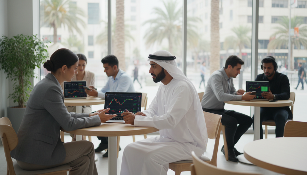 A Diverse Group Of Users Engaged In P2P Crypto Trading Inside A Modern, Well-Lit Café In The Uae. In The Foreground, Two Professionals, One Emirati In A Traditional Kandura And One Expatriate In Business Casual Attire, Are Discussing Over A Laptop, Their Expressions Focused And Engaged. In The Middle Ground, Other Users Are Seated At Tables, Some Poised With Smartphones In Hand, Displaying Graphs And Charts Related To Cryptocurrency Trading. The Background Features An Airy Ambiance With Bright Natural Light Streaming Through Large Windows, Showcasing The Bustling Street Outside. The Mood Is Dynamic And Collaborative, Emphasizing The Importance Of Community And Technology In Navigating Crypto Trading. The Image Captures A Contemporary Setting With Clean Lines And A Minimalistic Aesthetic, Using Soft Focus To Enhance Depth. A Diverse Group Of Users Engaged In P2P Crypto Trading Inside A Modern, Well-Lit Café In The Uae. In The Foreground, Two Professionals, One Emirati In A Traditional Kandura And One Expatriate In Business Casual Attire, Are Discussing Over A Laptop, Their Expressions Focused And Engaged. In The Middle Ground, Other Users Are Seated At Tables, Some Poised With Smartphones In Hand, Displaying Graphs And Charts Related To Cryptocurrency Trading. The Background Features An Airy Ambiance With Bright Natural Light Streaming Through Large Windows, Showcasing The Bustling Street Outside. The Mood Is Dynamic And Collaborative, Emphasizing The Importance Of Community And Technology In Navigating Crypto Trading. The Image Captures A Contemporary Setting With Clean Lines And A Minimalistic Aesthetic, Using Soft Focus To Enhance Depth.