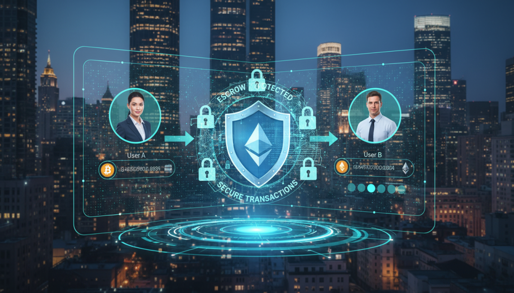 A Modern Digital Illustration Of A Peer-To-Peer (P2P) Crypto Trading Platform With A Strong Emphasis On Escrow Security. In The Foreground, Display A Sleek, Futuristic Interface Showing Various Cryptocurrency Assets Being Securely Exchanged Between Two Users, Both Depicted In Professional Business Attire. In The Middle, Visualize A Shield Symbolizing Security, Surrounded By Digital Locks And Encrypted Codes, Indicating Trust And Safety In Transactions. The Background Features A Dynamic City Skyline At Dusk, With Glowing Lights That Represent A Vibrant Digital Marketplace. Soft Blue And Green Lighting Creates A Tech-Savvy Atmosphere, While A Slightly Elevated Angle Captures The Transaction As The Focal Point Of The Scene. The Overall Mood Conveys Innovation And Reliability In The Evolving Digital Asset Market.