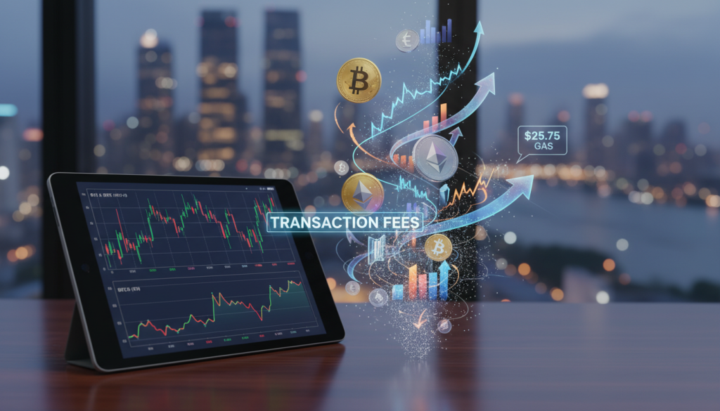A Visually Striking Image Depicting The Concept Of Cryptocurrency Transaction Fees. In The Foreground, A Digital Tablet Displays Fluctuating Cryptocurrency Prices With Graphs And Annotations, Symbolizing Real-Time Trading Data. The Middle Ground Features Abstract Visuals Of Coins, Such As Bitcoin And Ethereum, Intertwined With Graphical Elements Like Arrows And Fluctuating Line Charts, Representing The Dynamic Nature Of Fees Associated With Transactions. The Background Includes A Blurred City Skyline At Dusk, Illuminated By Soft, Warm Lights, Conveying A Sense Of Financial Activity And Modernity. The Ambiance Is Professional And Focused, With A Clear Emphasis On Technology And Trading. Use Soft Lighting To Enhance The Digital Elements And Create A Sense Of Depth, Viewed From A Slightly Angled Perspective. A Visually Striking Image Depicting The Concept Of Cryptocurrency Transaction Fees. In The Foreground, A Digital Tablet Displays Fluctuating Cryptocurrency Prices With Graphs And Annotations, Symbolizing Real-Time Trading Data. The Middle Ground Features Abstract Visuals Of Coins, Such As Bitcoin And Ethereum, Intertwined With Graphical Elements Like Arrows And Fluctuating Line Charts, Representing The Dynamic Nature Of Fees Associated With Transactions. The Background Includes A Blurred City Skyline At Dusk, Illuminated By Soft, Warm Lights, Conveying A Sense Of Financial Activity And Modernity. The Ambiance Is Professional And Focused, With A Clear Emphasis On Technology And Trading. Use Soft Lighting To Enhance The Digital Elements And Create A Sense Of Depth, Viewed From A Slightly Angled Perspective.